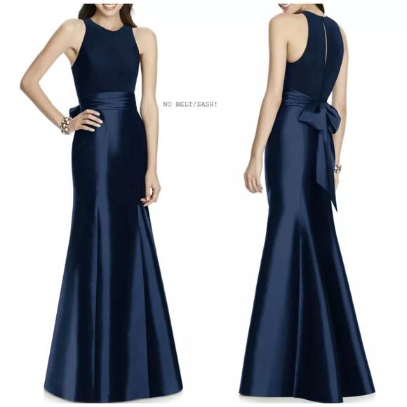 Alfred Sung D737 Jersey Bodice Mikado Trumpet Gown 10 Midnight Blue No Belt - Picture 1 of 6